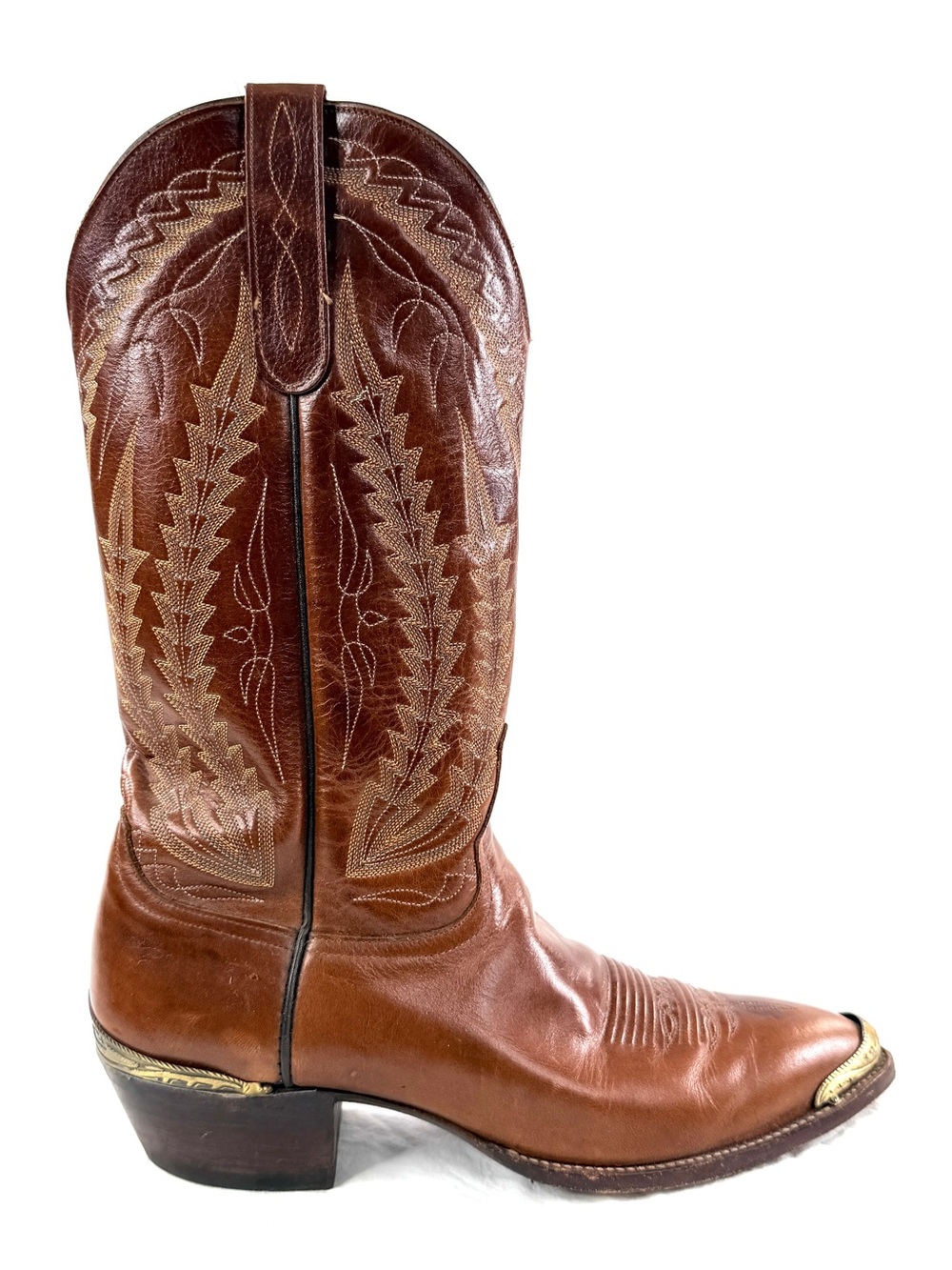 Vtg Larry Mahan Men Size 8.5 Brown Boot Made USA Brass Toe Heel Kick Pegged Sole